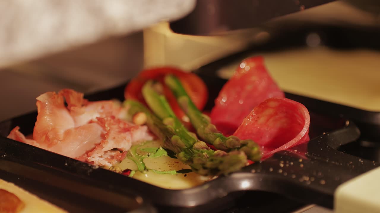 French Swiss or Spanish restaurant with traditional tapas food, Spanish cuisine, delicious tapas and cheese plate, bruschetta with cheese, olives dry tomatoes and tasty sandwich bar appetizer, buffet