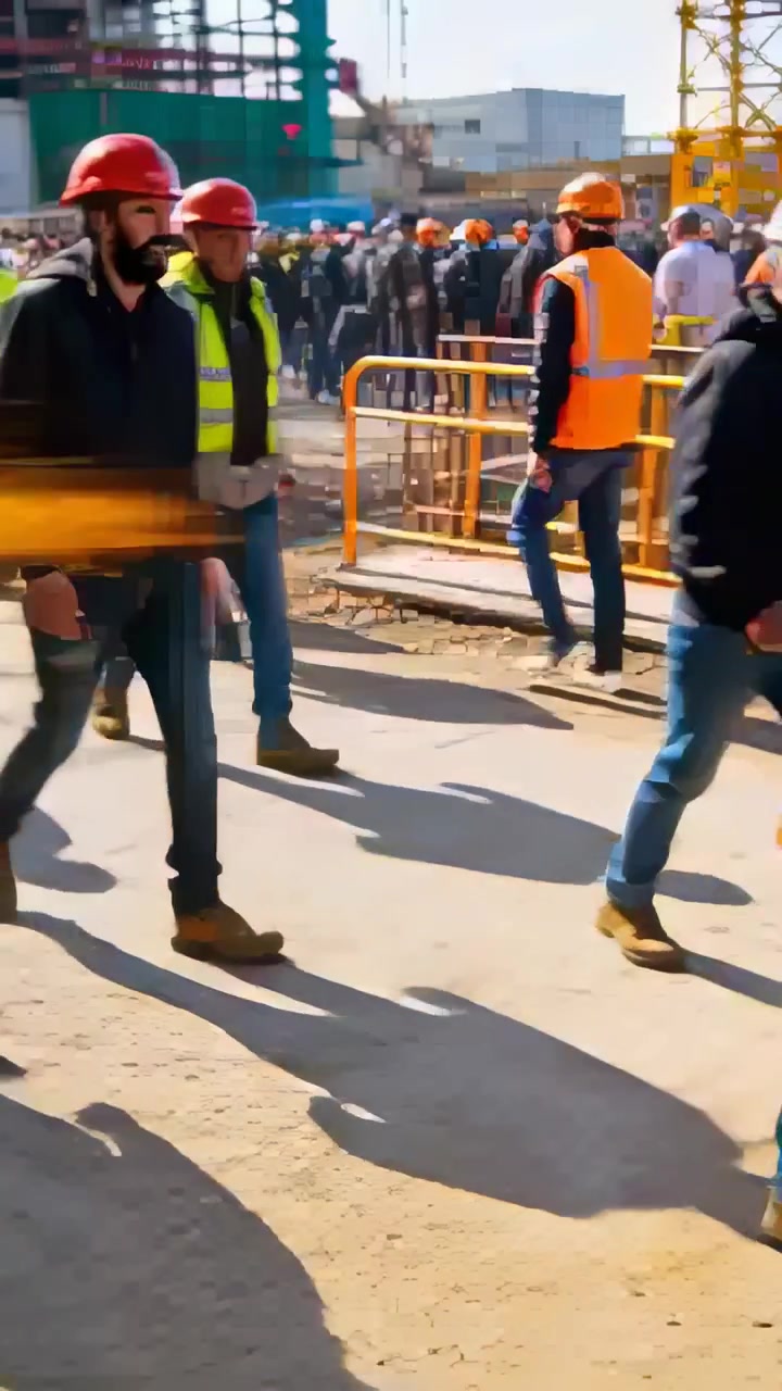 Vídeo vertical: Entrando no portão, trabalhador usando chapéu branco passando por barreiras, indo para o local
