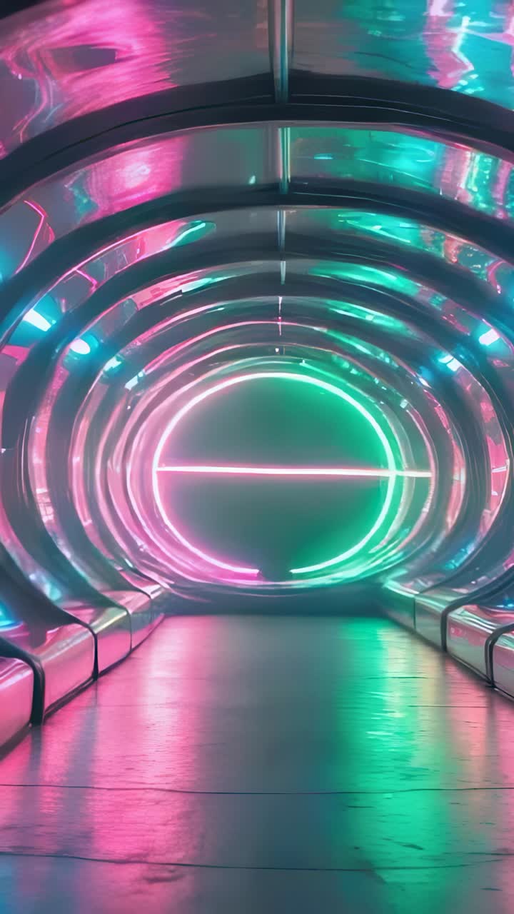 Vertical video: Opening shot showing neon-lit LED arches lining exhibition tunnel with benches