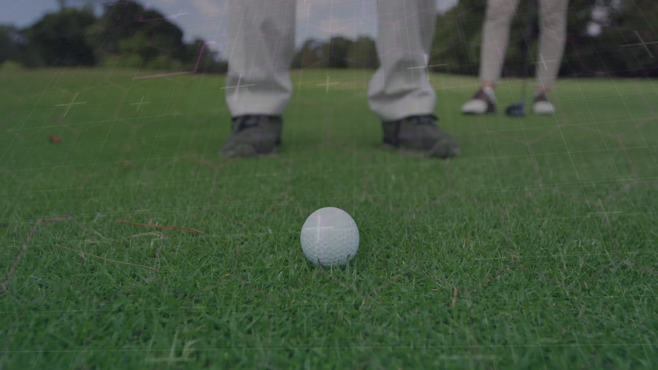 woman and man preparing golf shot on tee box, showing club stats with sports technology overlay