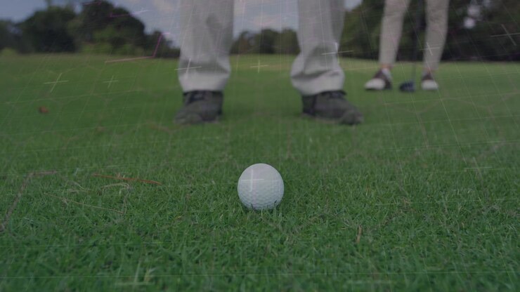 Donna e uomo che si preparano per un tiro di golf sul tee box, mostrando le statistiche della mazza con una sovrapposizione di tecnologia sportiva.