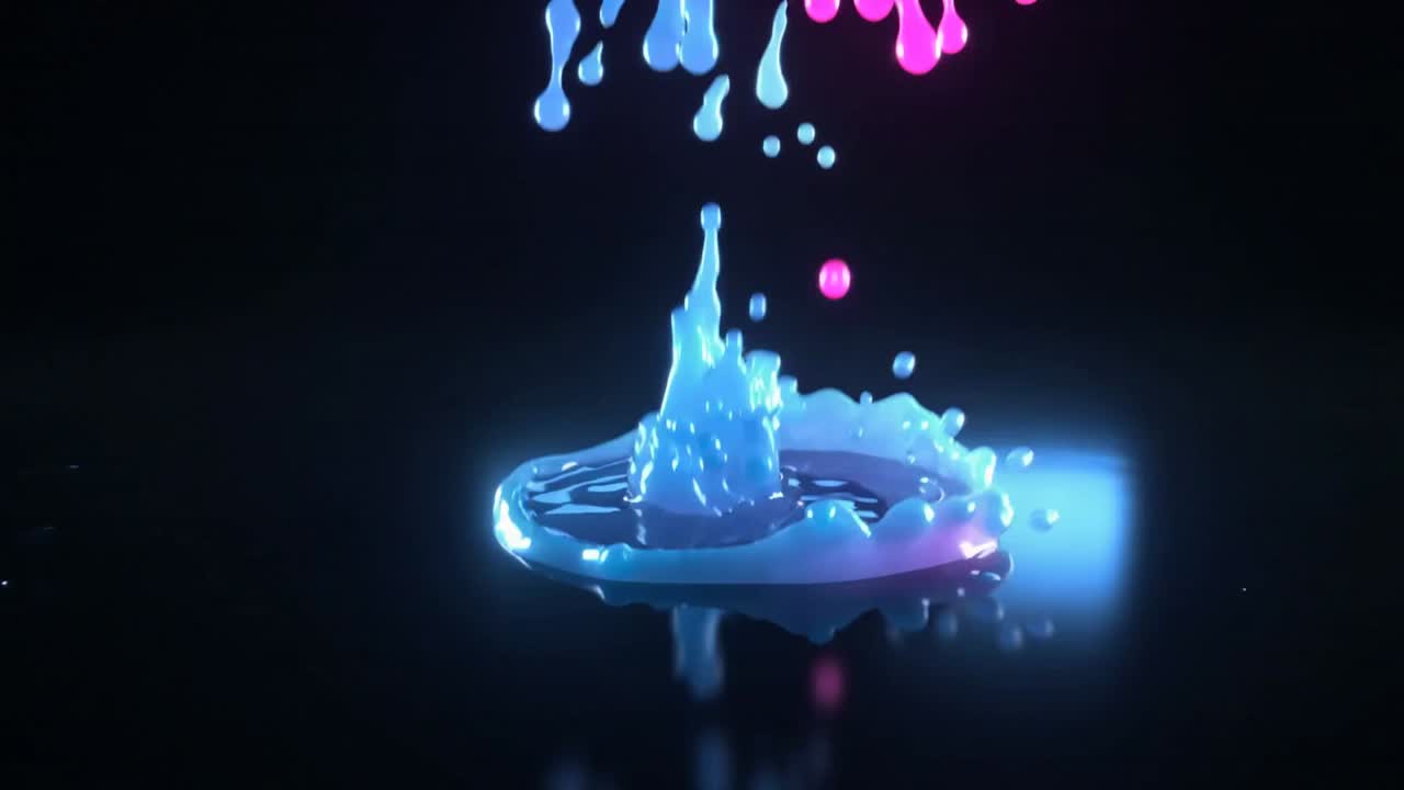 Striking drop causing crown collapsing to pool on glossy studio table with cyan magenta green drips