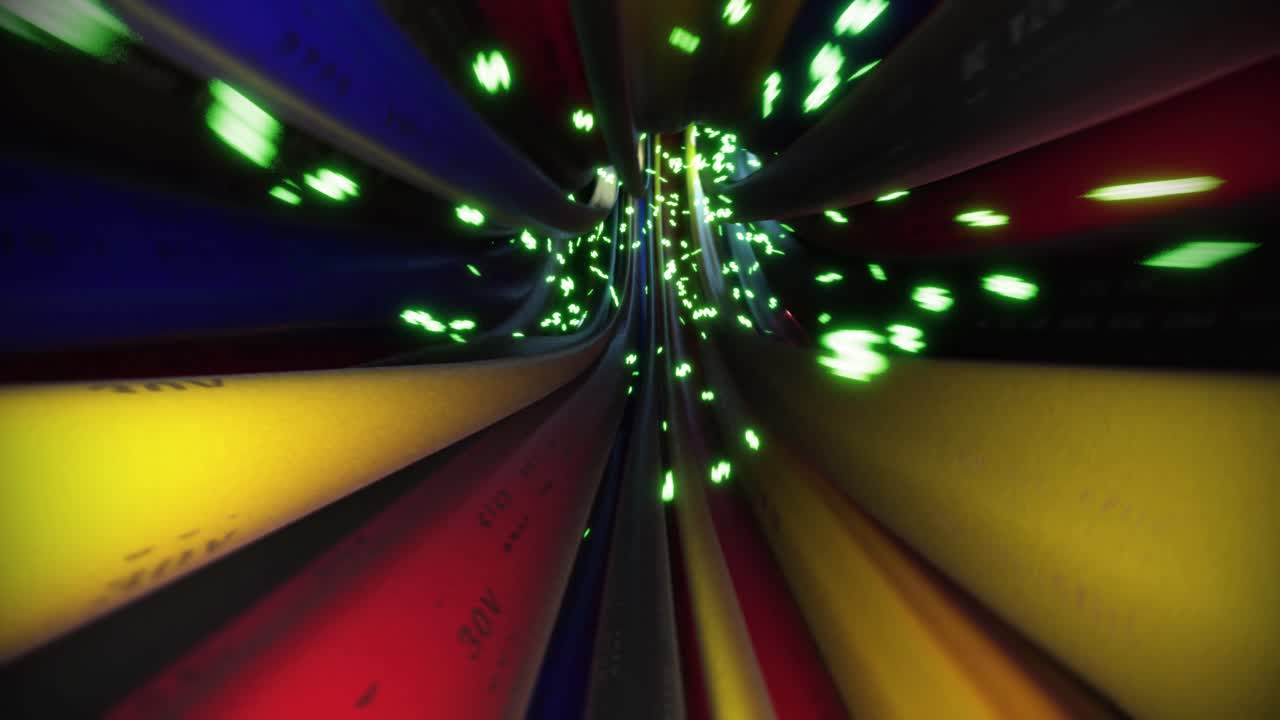 los cables, los cables, el signo del dólar, el vuelo a través de los datos, internet, el circuito de energía, la fibra 4k.