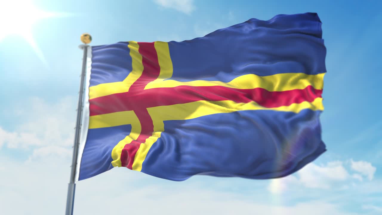 깊은 파란 하늘을 배경으로 바람에 흔들리는 알란드 섬의 발, 국가 테마, 국제 개념, 3d 렌더링, 원활한 루프, 4k