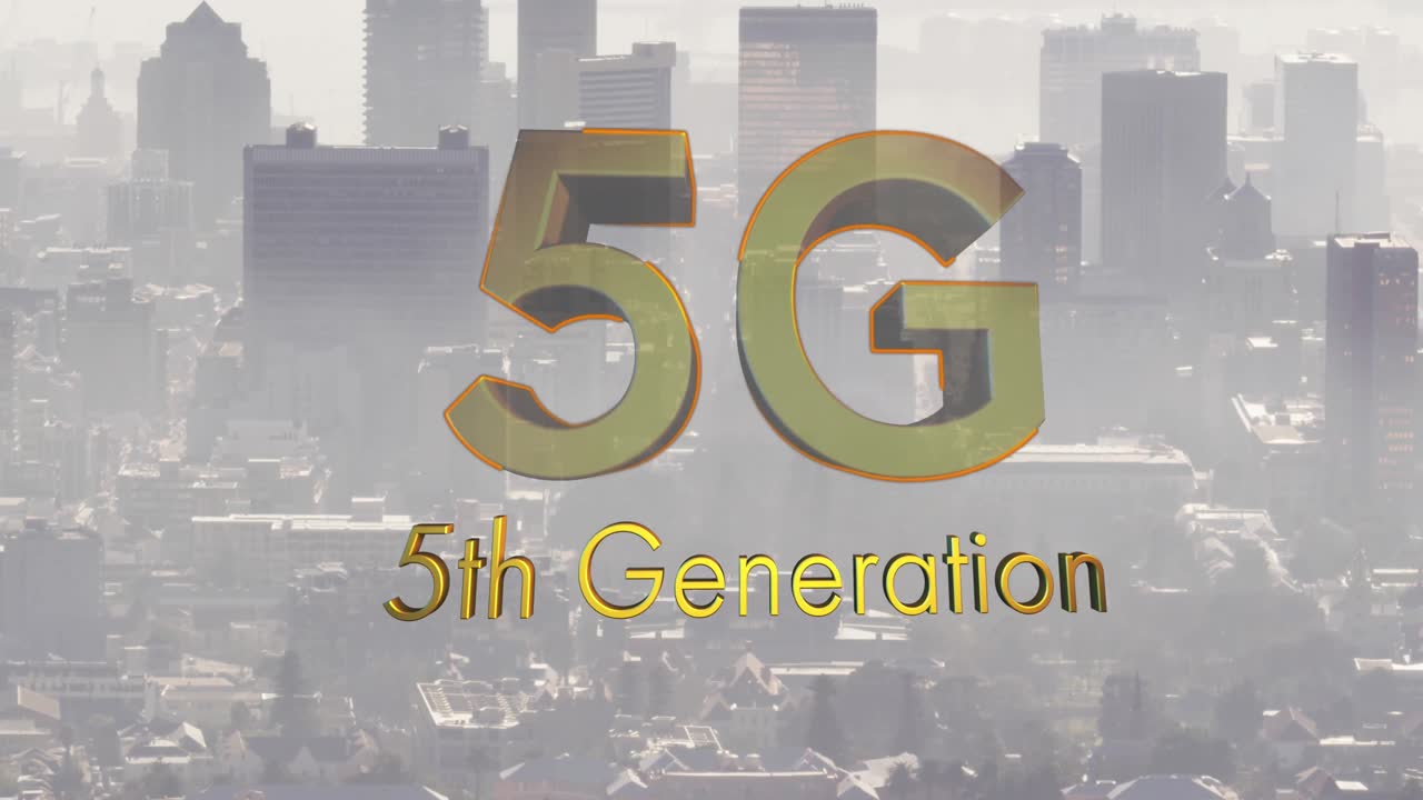 animación de texto de 5g 5a generación sobre el paisaje urbano