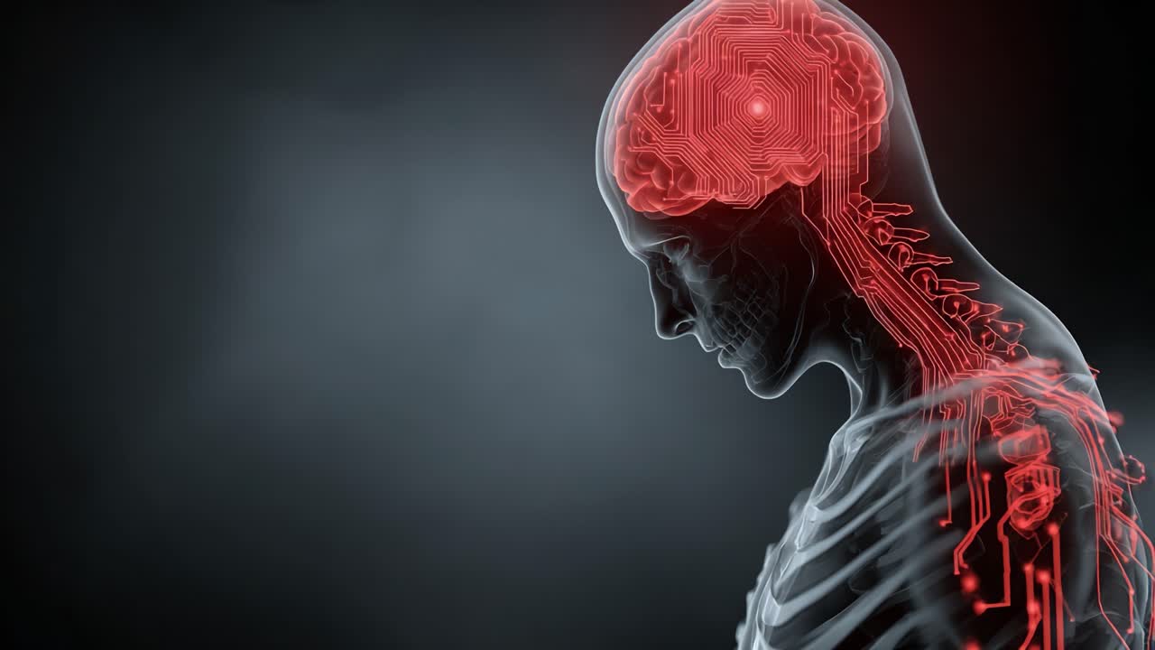 En slående visualisering av den mänskliga hjärnan och nervsystemet, som förenar anatomi med teknologi genom ett futuristiskt renderat perspektiv