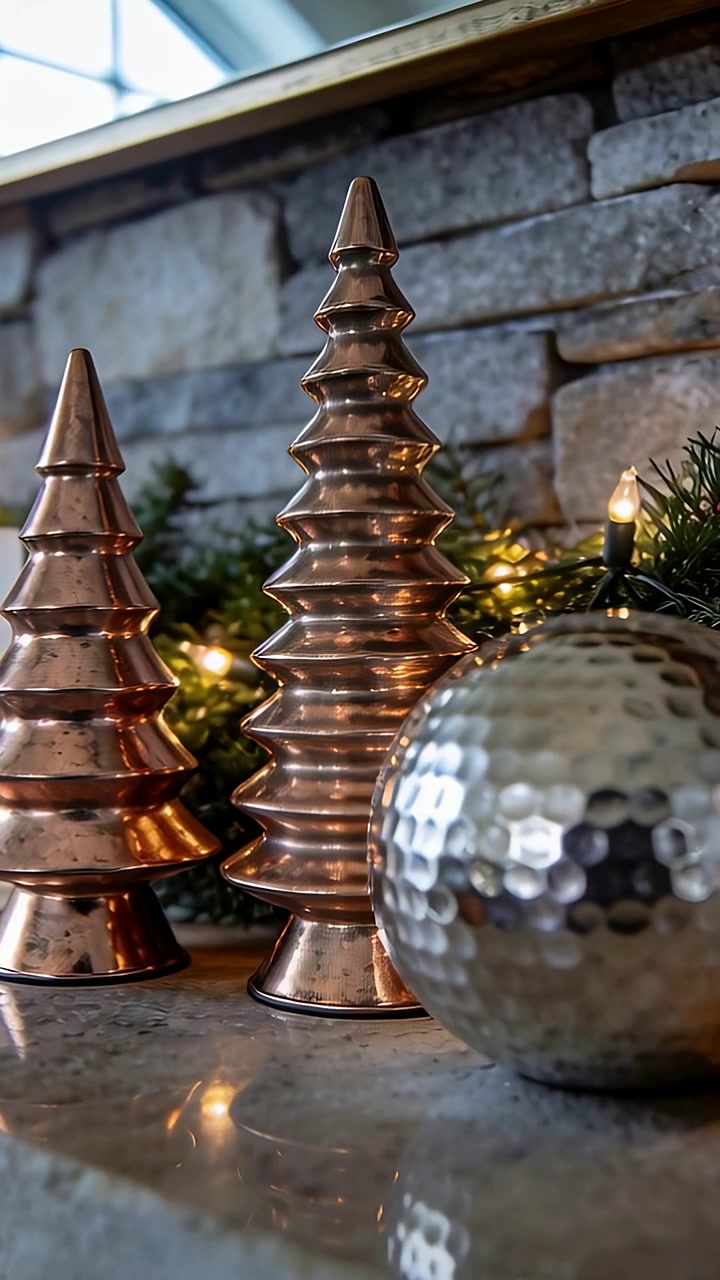Vertical video: Moving camera panning right on shelf sphere fronting cone trees to show reflections