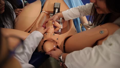 medical student using stethoscope on training doll in clinical simulation room