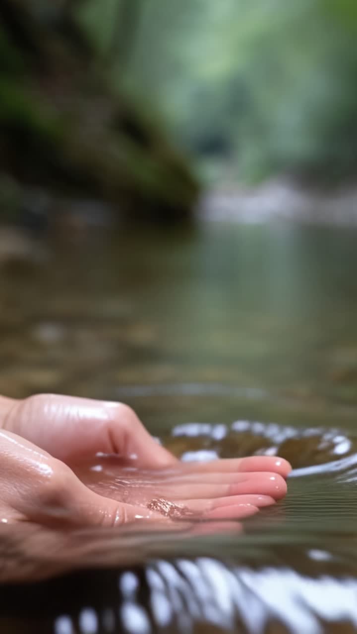Mãos delicadamente em concha com água fluindo pelos dedos em um cenário de natureza serena, capturando a beleza da água e a conexão com o mundo natural