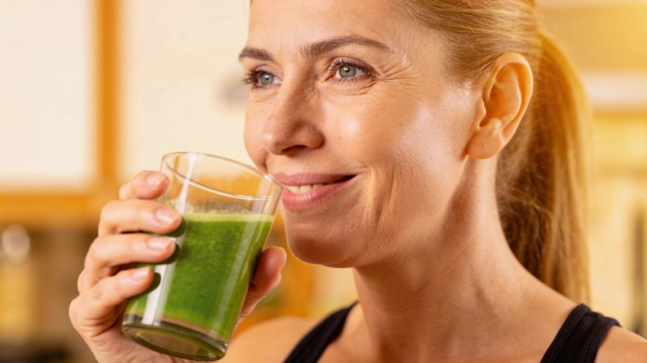 Žena v černém topu zvedá sklenici k ústům, ochutnává zelené smoothie v kuchyni, aby zkontrolovala chuť.