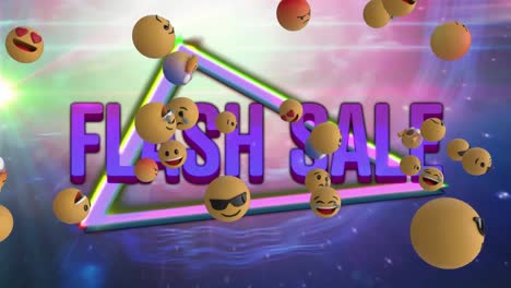 animation of falling emojis over flash sale text on colorful background