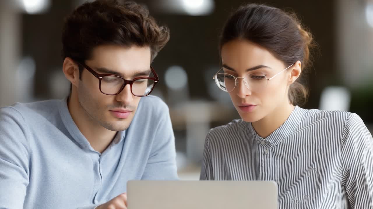 Focused Duo Engages in Deep Work on Their Laptop, Collaborating on Ideas and Solutions in a Modern Co-Working Space, Showcasing Productivity and Teamwork