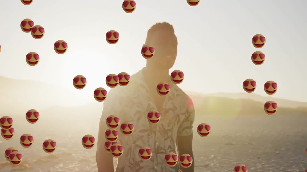 해변에서 고 있는 아프리카계 미국인 남성 위에 쓰러지는 소셜 미디어 아이콘의 애니메이션