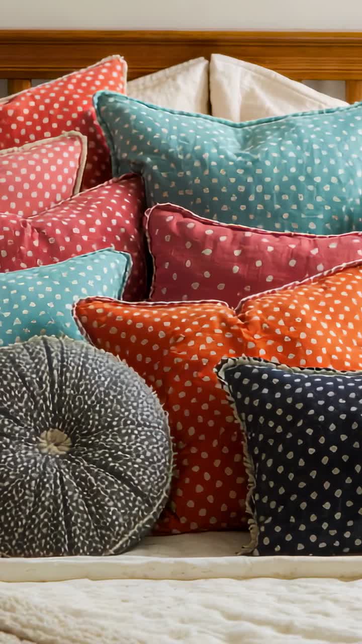 Vertical video: Sliding camera revealing stacked throw pillows, gray bolster on bed, showing layout