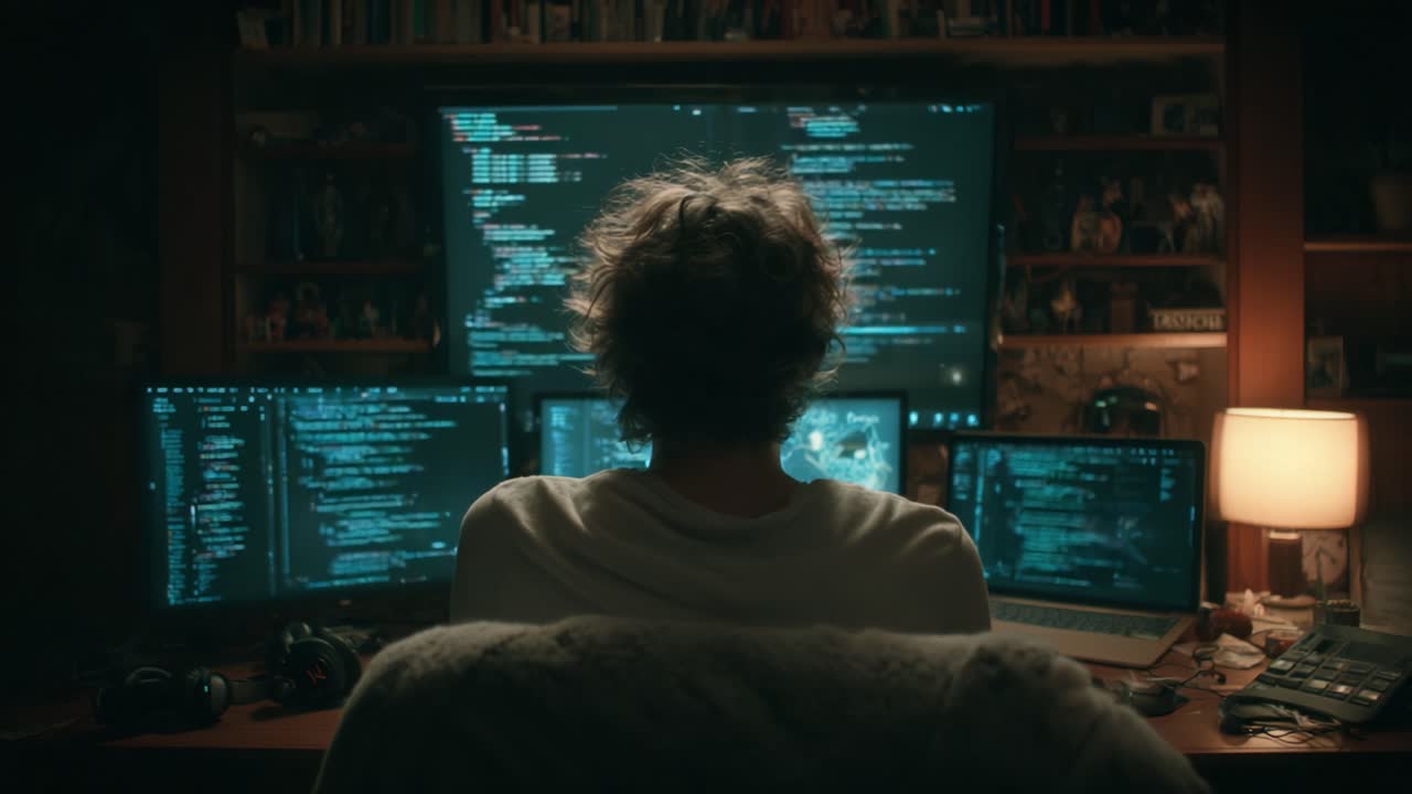 A Focused Programmer Analyzes Complex Code Across Multiple Monitors in a Dimly Lit Room Filled with Tech Gadgets and Personal Items