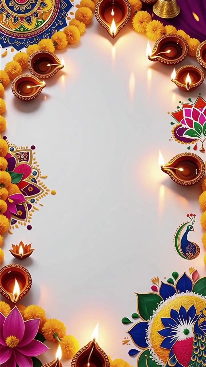 Sfondo Diwali con Diyas luminosi, Rangoli e fiori di loto