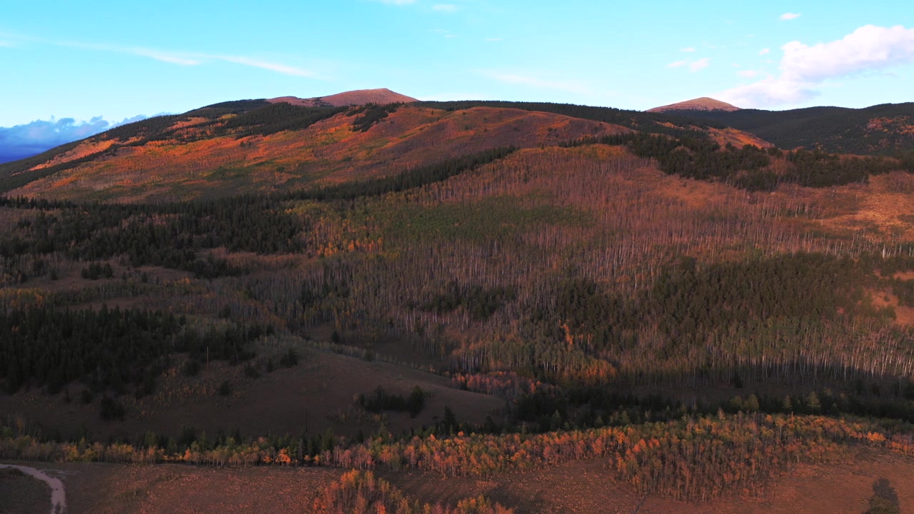 Fogliame autunnale, colori degli alberi di pioppo tremulo, tramonto, ora d'oro, Kenosha Pass, Grant, FairPlay, Jefferson, drone aereo, Colorado Trail, escursionismo, Front Range, Montagne Rocciose, Continental Divide, Mount Bierstadt, cerchio verso destra