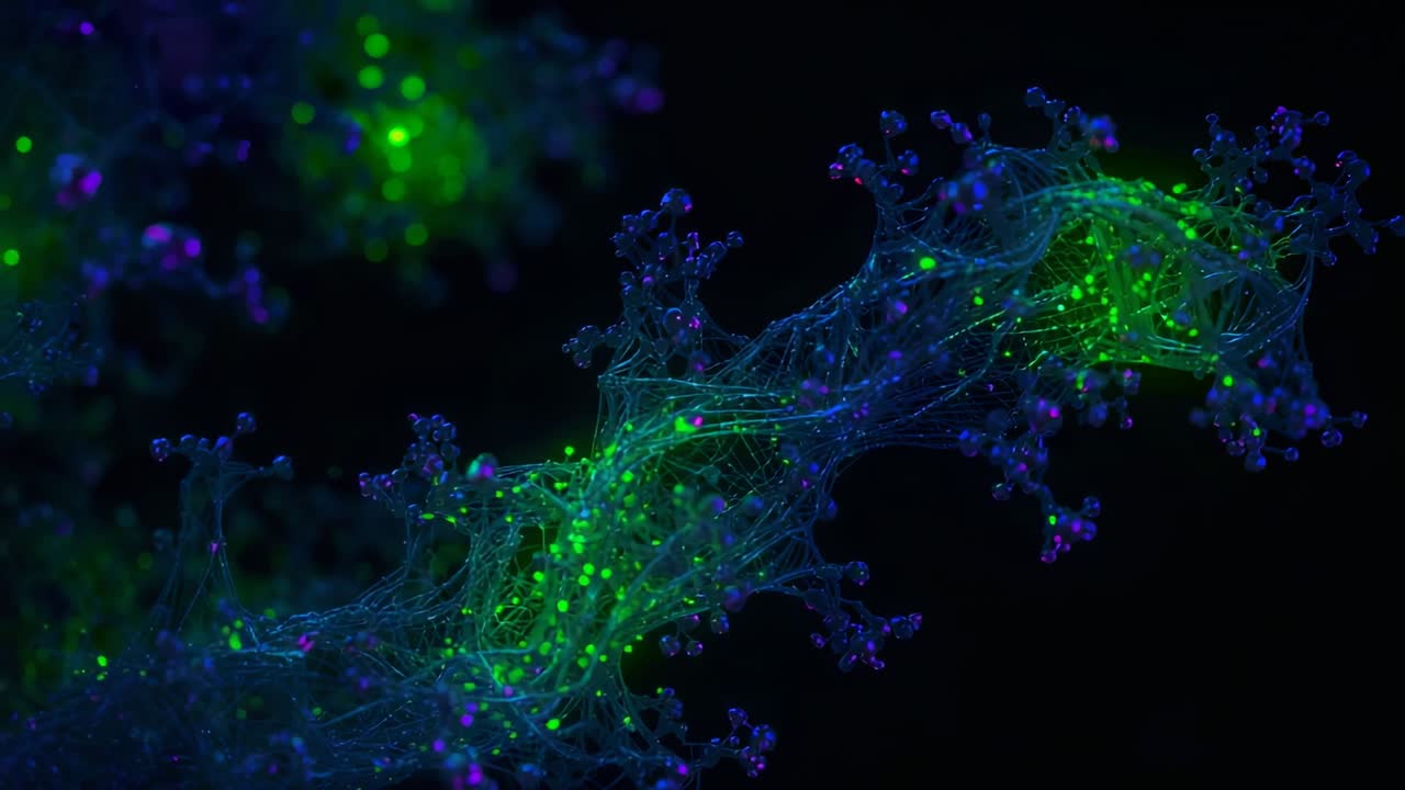 Cambio de enfoque que muestra la fibra con puntos verdes en movimiento y puntas moradas para ver los detalles bajo el microscopio