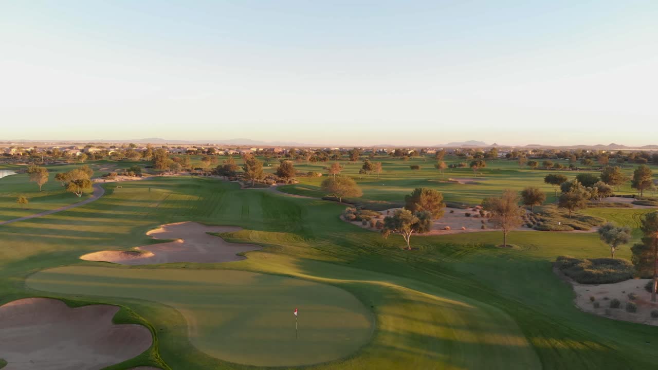 Drone footage from a golf course near a residential neighborhood in Arizona