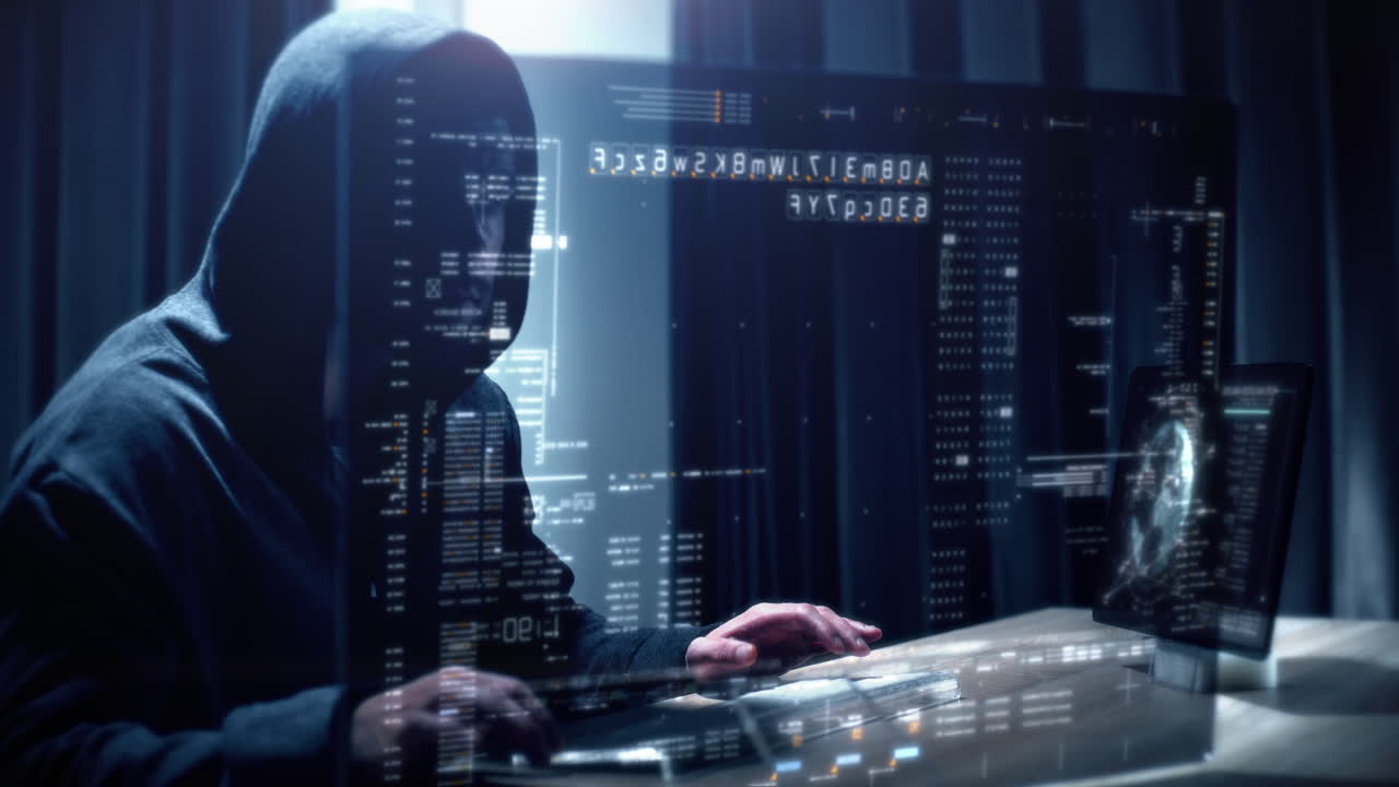 Futuristic Anonymous hacker trying to breached cybersecurity by using algorithm source code to exploit weakness in password security