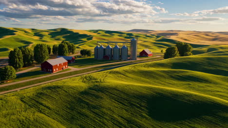 agricultural landscape with green rolling hills and farm buildings