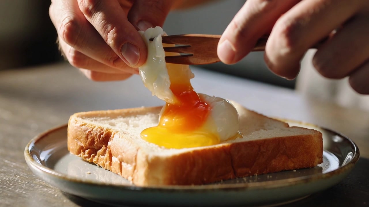 Bringing fork, hands prying soft-boiled egg on white bread in kitchen, releasing yolk for eating