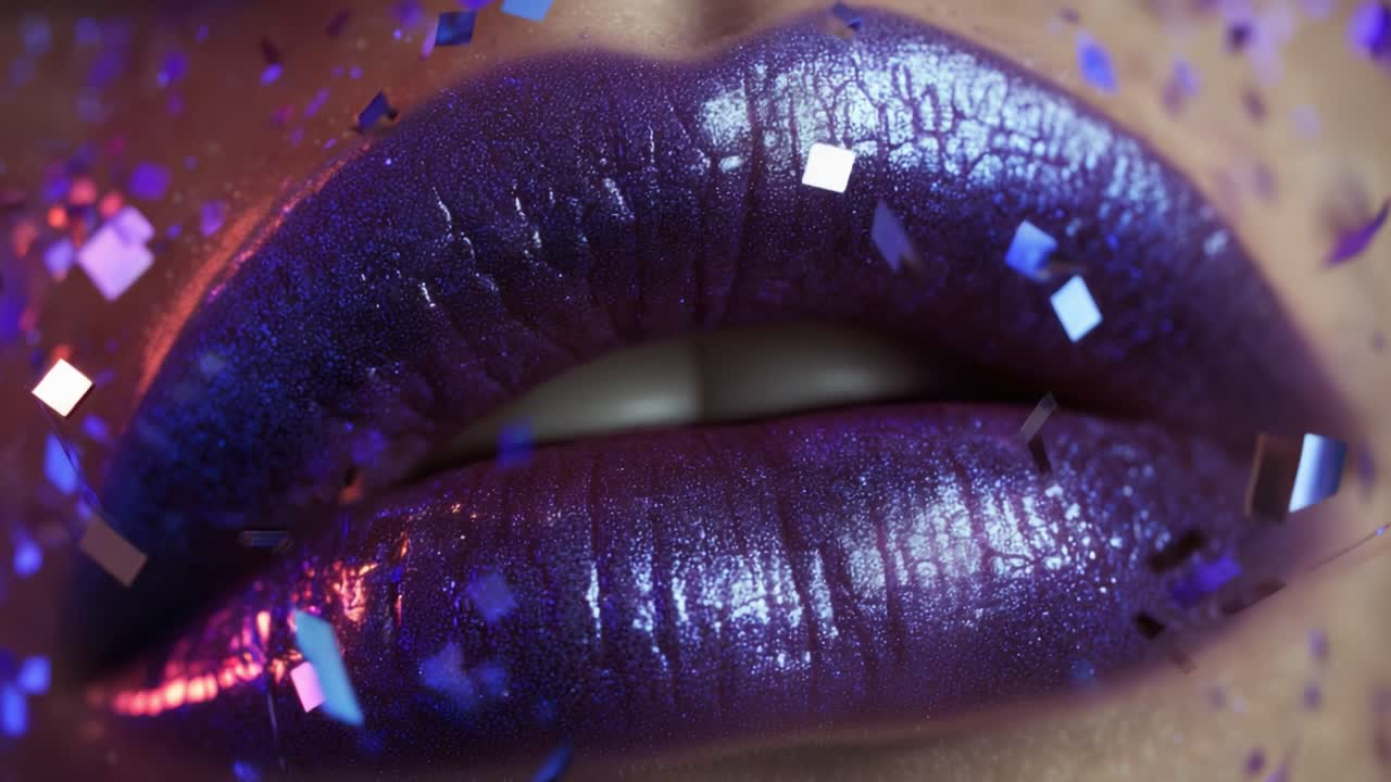 Primi piani che mettono in risalto labbra viola glamour con scintillii e glitter, catturando un'estetica di bellezza elegante che irradia eleganza e creatività attraverso colori e texture vivaci