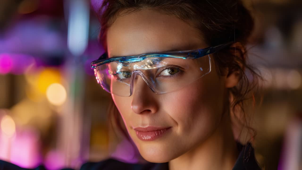 Una giovane donna sicura di sé, con occhiali protettivi, guarda dritto nella fotocamera, mostrando determinazione e concentrazione in un ambiente vivace, ricco di luci colorate e attrezzature scientifiche.