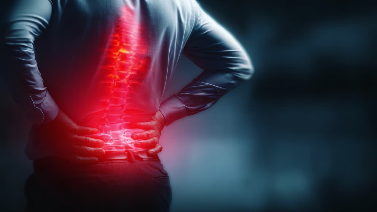 Visual Representation of Chronic Back Pain: Illuminated Spine in Focus as a Man Holds His Lower Back in Discomfort, Highlighting the Human Experience of Pain and Discomfort