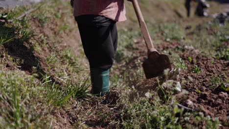 person digging soil in a field with a shovel