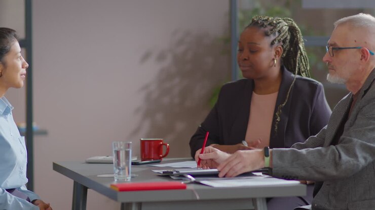 Hispanic Woman Having Job Interview with Diverse Recruiters