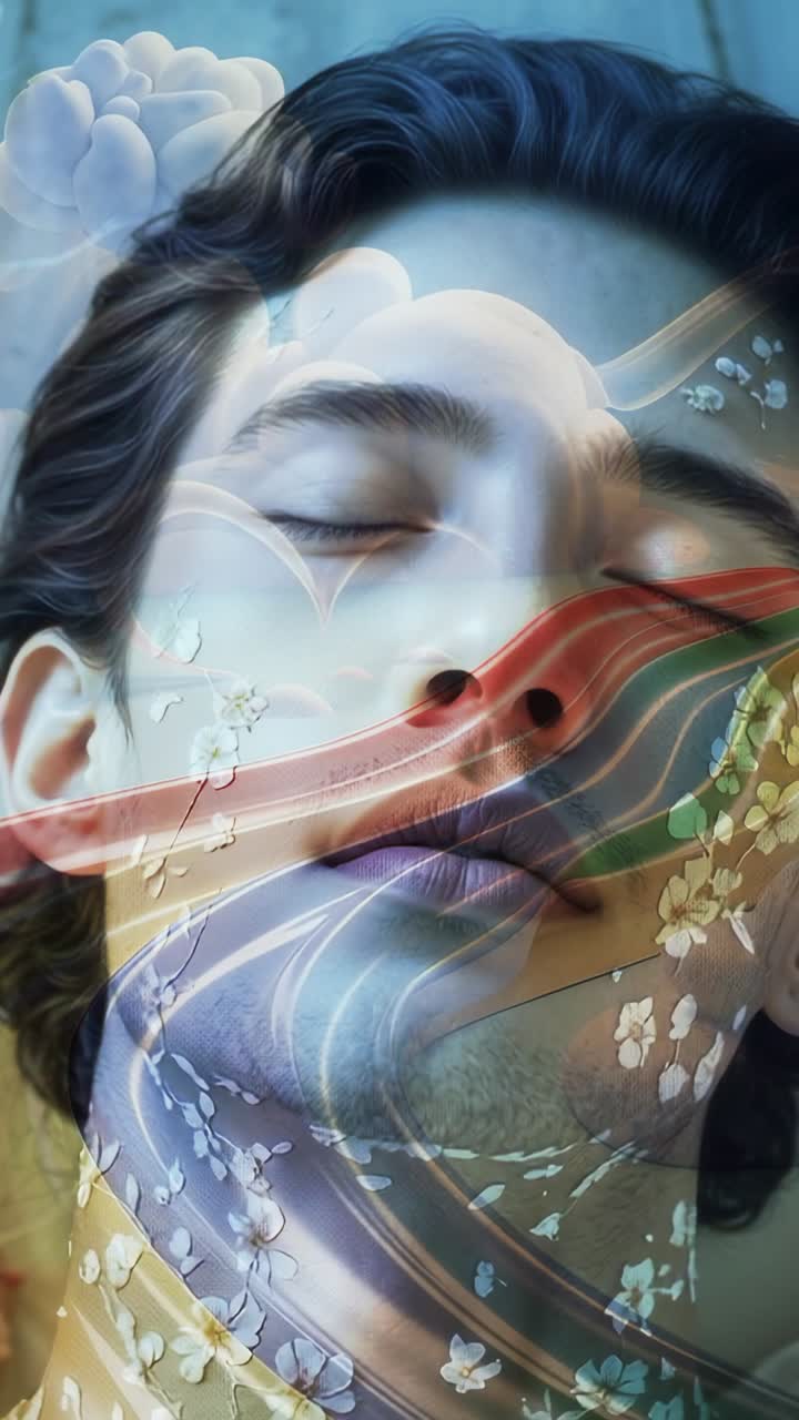 Vertical video: Projection starting man opening green eyes lifting chin in room, with flower prints