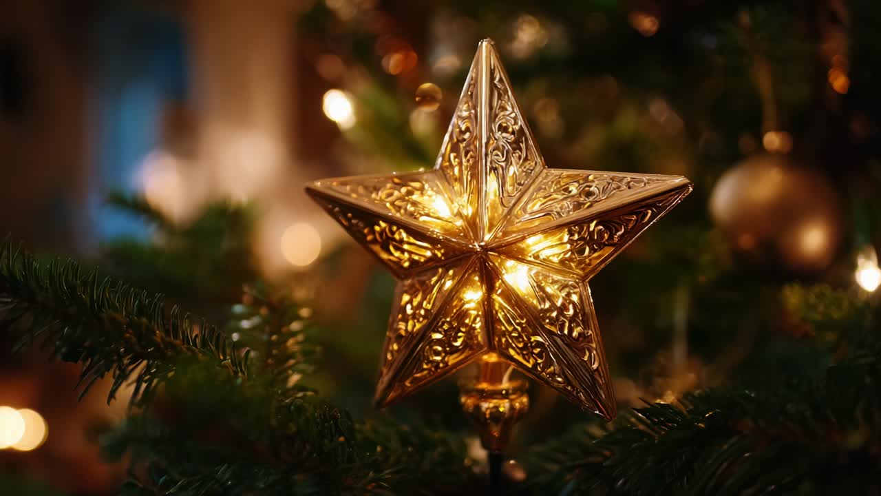 A beautifully illuminated golden star ornament shines elegantly atop a Christmas tree, enhancing the festive atmosphere with its intricate design and warm glow that embodies the spirit of the holiday season