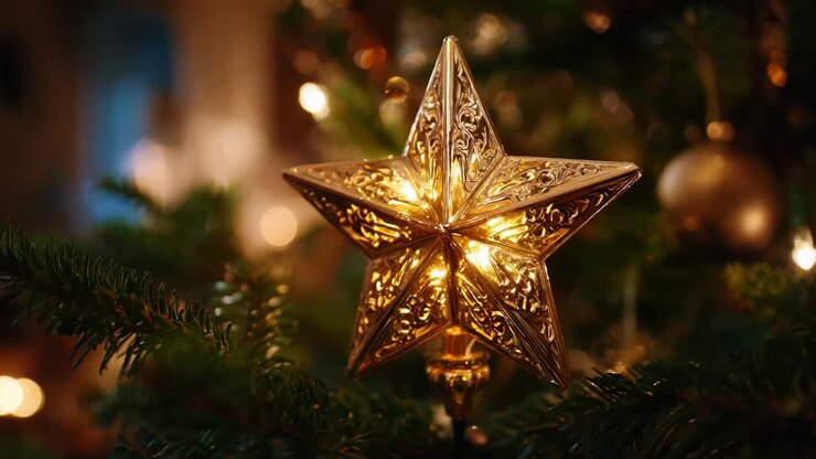 Um enfeite de estrela dourada lindamente iluminado brilha elegantemente no topo de uma árvore de Natal, realçando a atmosfera festiva com seu design intrincado e brilho acolhedor que incorpora o espírito da época natalina.