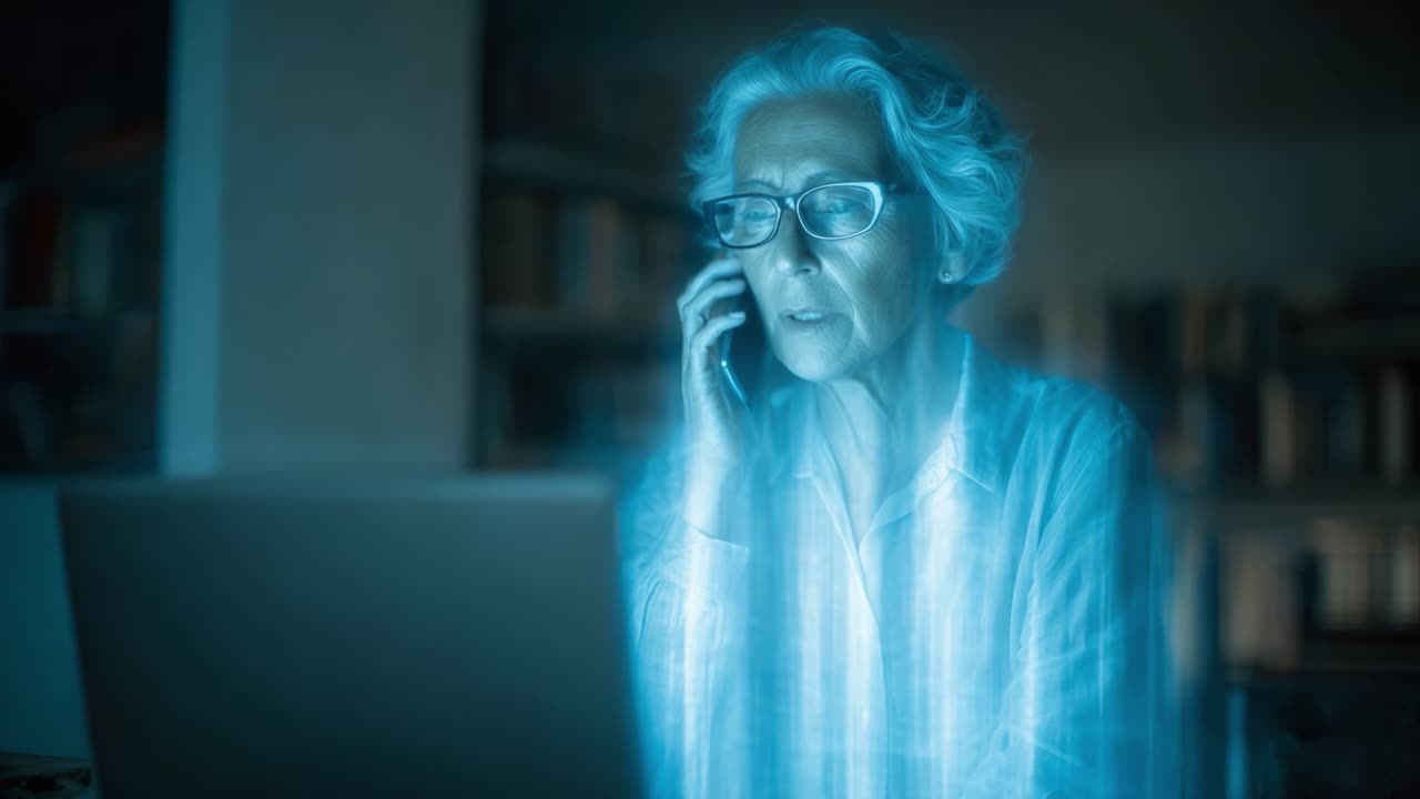 En ældre kvinde i gang med et telefonopkald med en holografisk tilstedeværelse, der dukker op fra hendes laptop, skildrer en blanding af teknologi og følelser i hyggelige omgivelser.