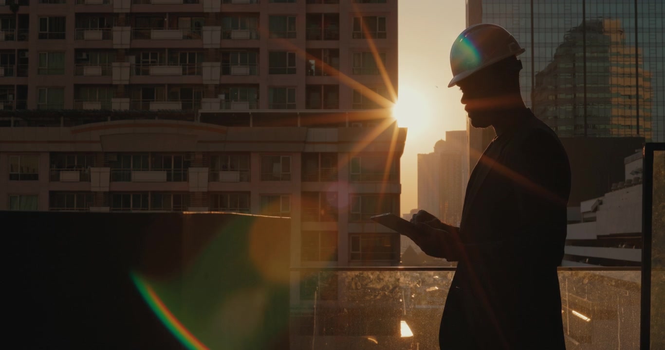 Ingeniero con sombrero usando una tableta en una obra de construcción al atardecer.