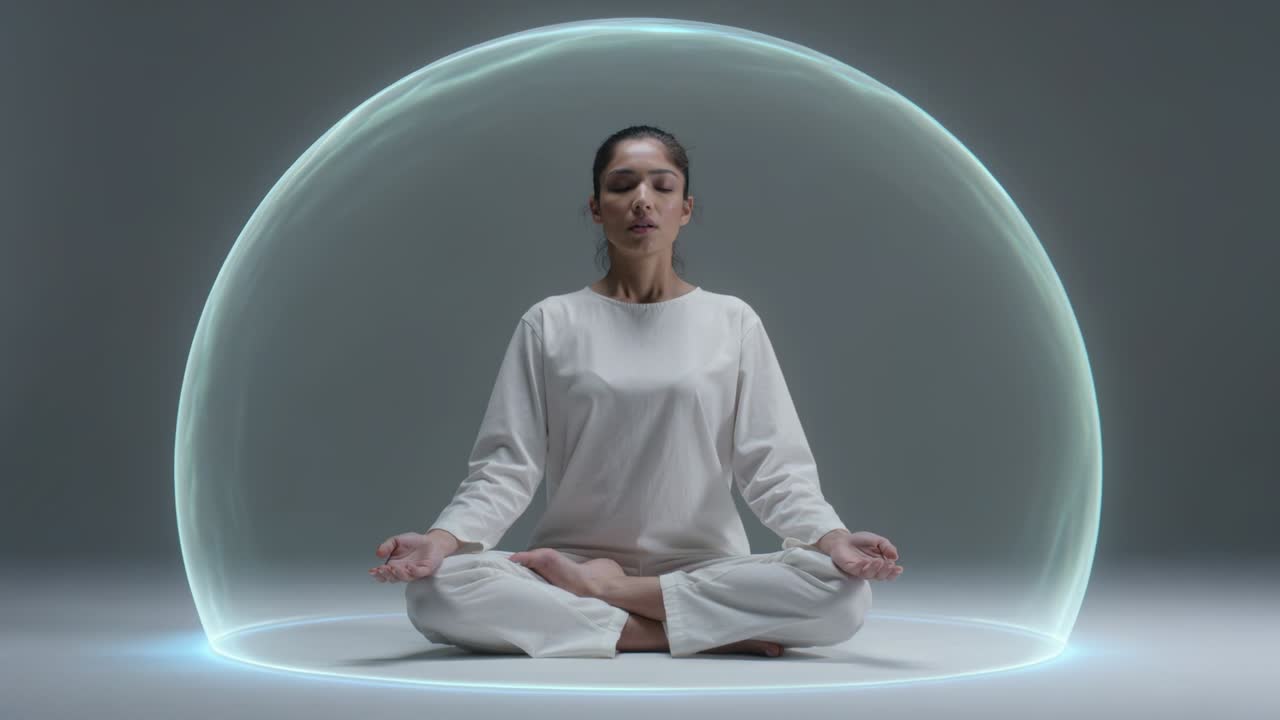 Donna asiatica seduta che medita in uno studio grigio, in abiti bianchi, con un arco di luce che forma una cupola luminosa.