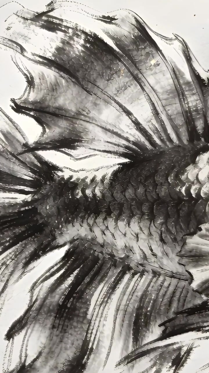 Video verticale: Telecamera che panoramica un pesce monocromatico a inchiostro su carta su una scrivania da studio, rivelando le pennellate