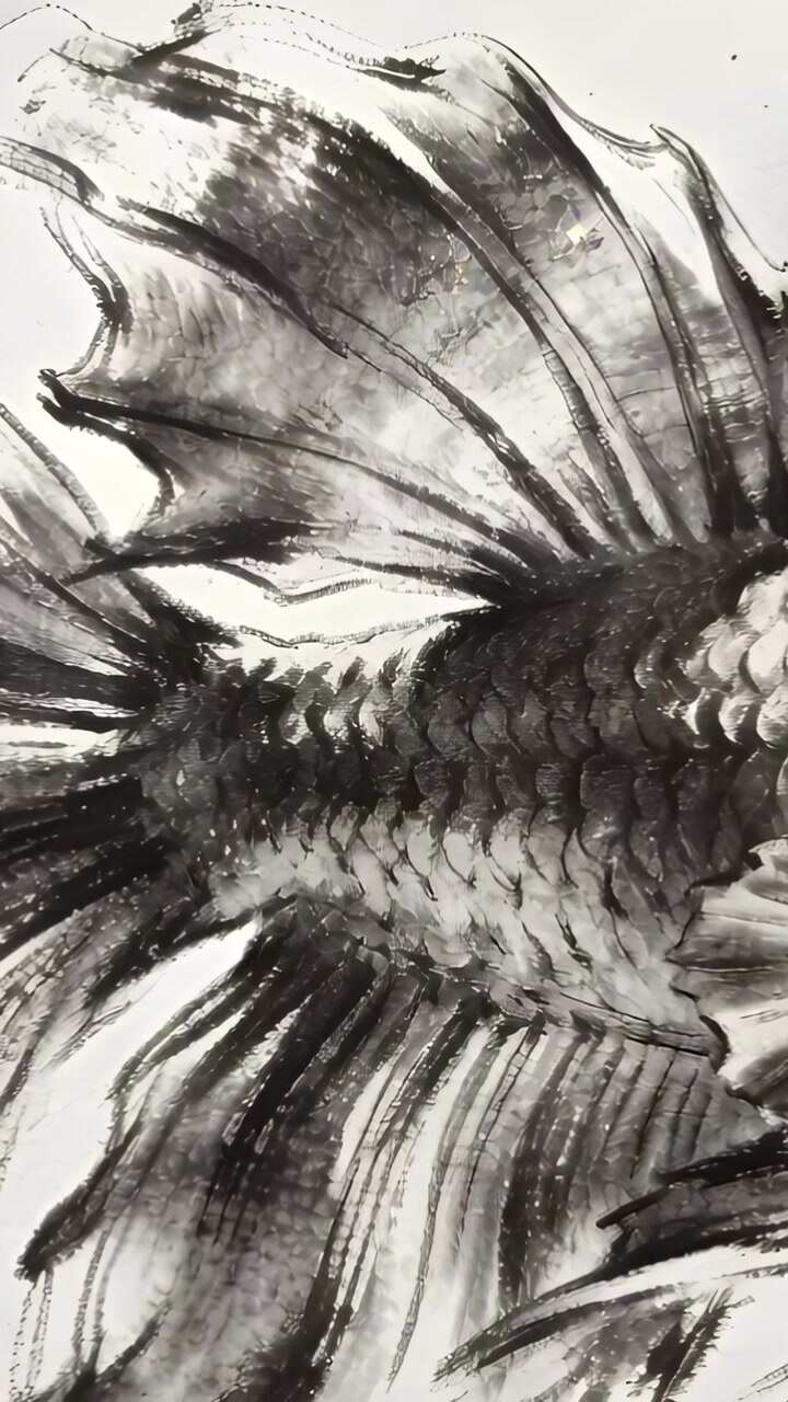 Video verticale: Telecamera che panoramica un pesce monocromatico a inchiostro su carta su una scrivania da studio, rivelando le pennellate