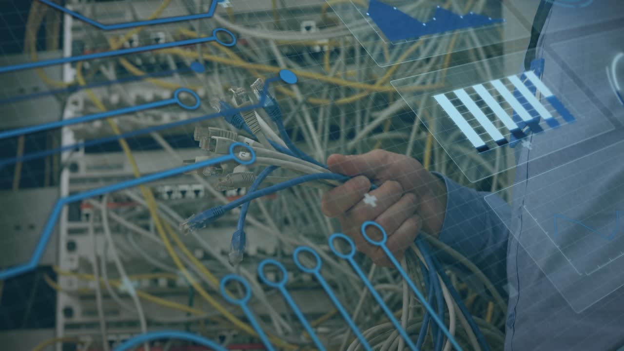 Animation of network of connections with icons over business people working in office
