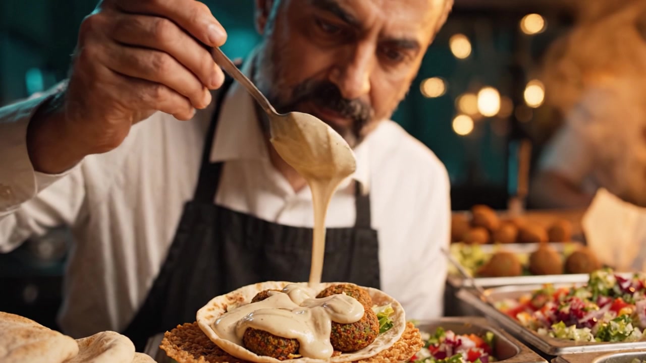 Expertly Crafting Delicious Falafel Plates with Creamy Sauce, Fresh Ingredients, and Artisan Touch to Create a Mouthwatering Culinary Experience