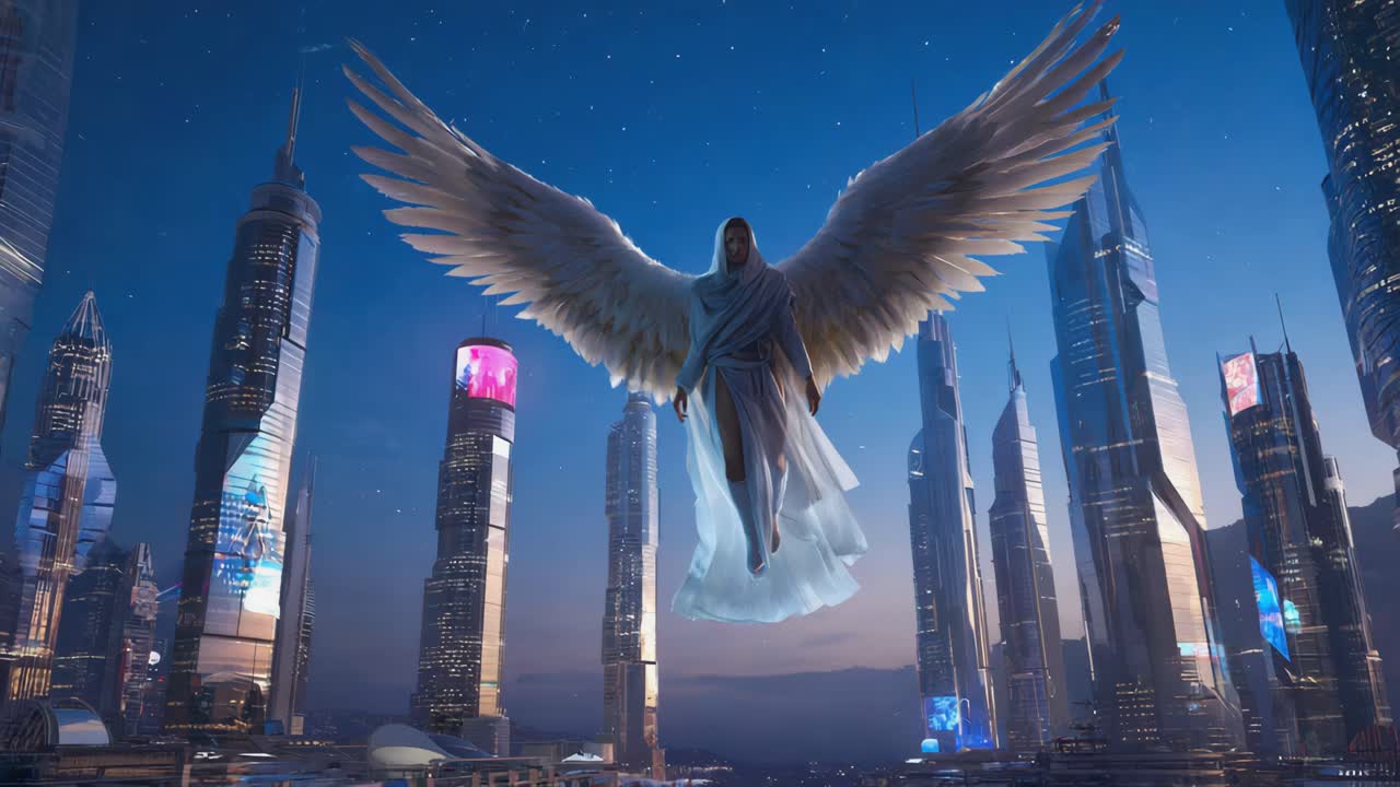 Angel soaring over a futuristic cityscape at night