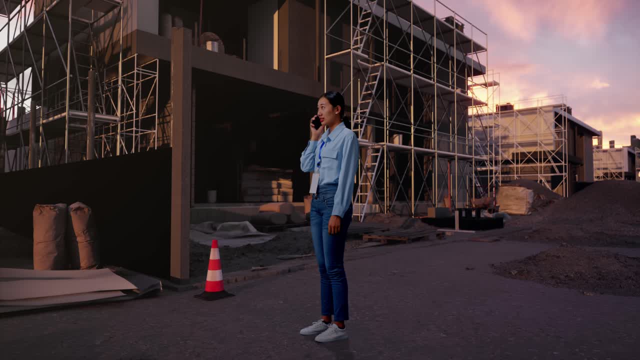 Full Body Side View Of Asian Female At Construction Site in Progress to New House, She Is Speaking With Someone In The Phone