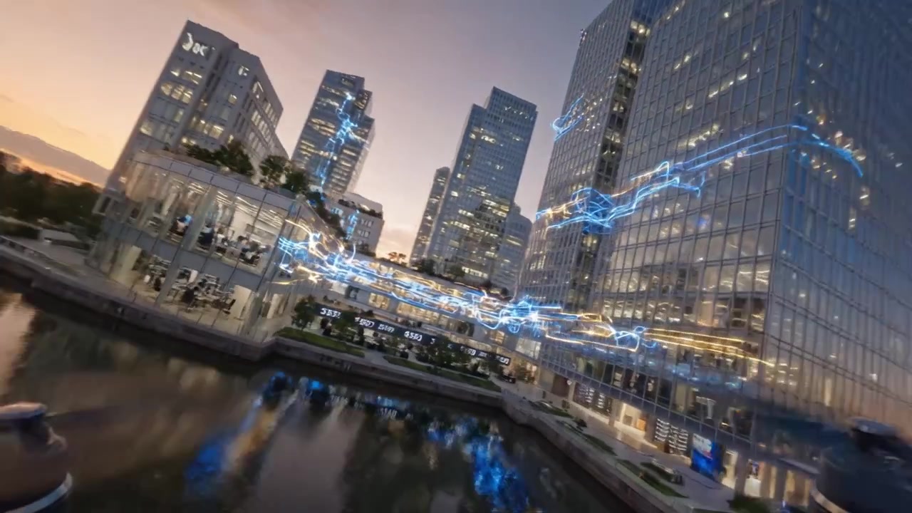 夕暮れ時に水面に映る息をのむような都市のスカイライン。モダンな建築物と鮮やかな光が、穏やかな川を背景に色鮮やかな空と共に映し出されています