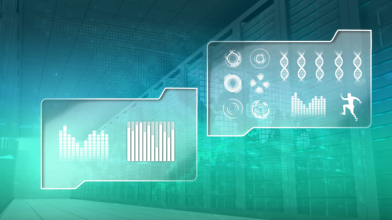 Animated digital elements and data flow in a server corridor.