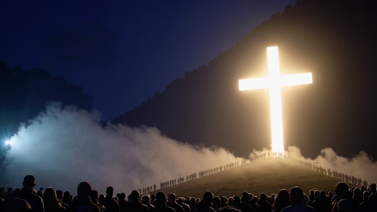 Eine dramatische Videoszene mit einer Untersicht auf ein leuchtendes Kreuz auf einem Hügel, umgeben von einer Menschenmenge