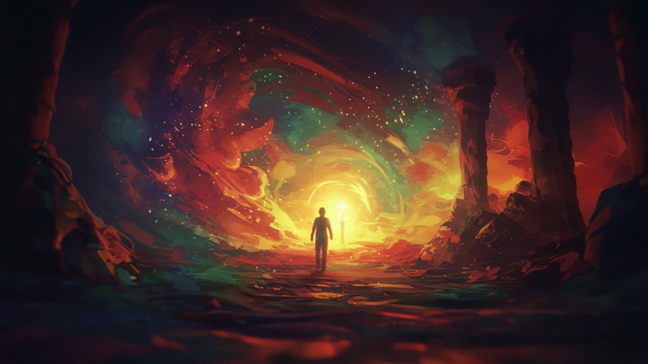 A solitary figure journeys through a vibrant, surreal landscape, illuminated by glowing colors and swirling cosmic patterns, where the boundaries of reality blur in stunning visual splendor