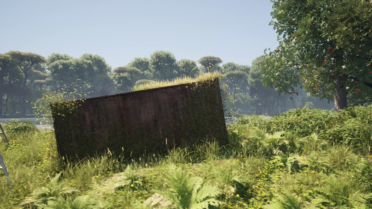 오래된, 버려진, 산화된 컨테이너는 강이 있는 숲 안에서, 3d 애니메이션, 애니메이션 장면, 카메라 돌리 왼쪽에서 오른쪽으로