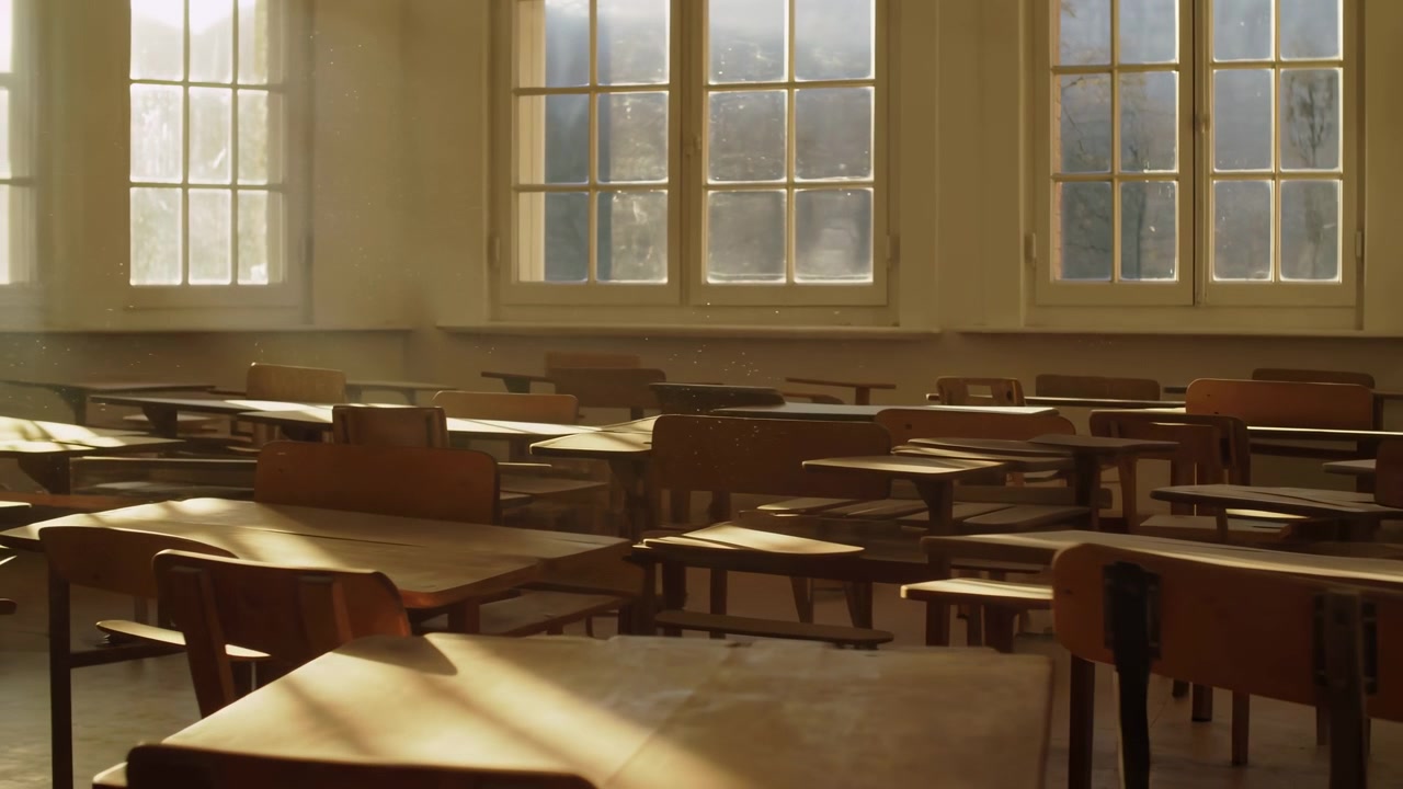 Řady dřevěných studentských lavic s připojenými židlemi stojí v prázdném interiéru učebny, zatímco teplé sluneční světlo z nízkého úhlu proudí vysokými okny, odhalující prachové částice, měkké stíny, opotřebované povrchy, klid.