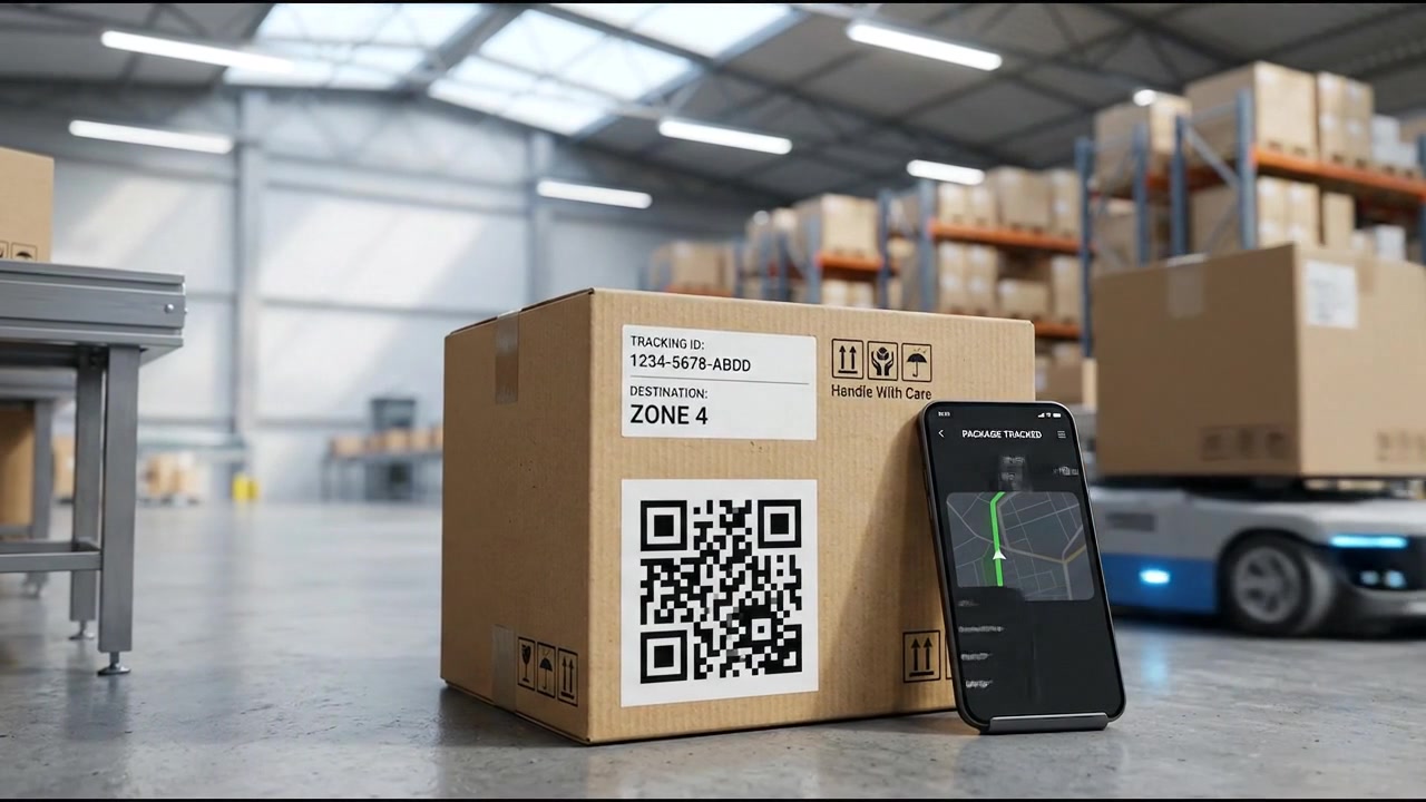 Cardboard Package with QR Code and Smartphone Tracking App in Warehouse